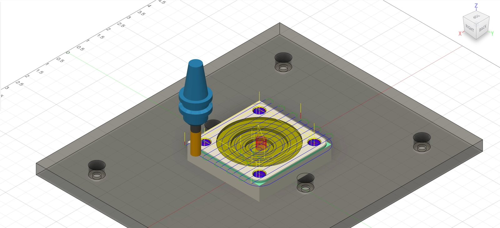 Fusion 360 CAM simulation of a spindle over a square coaster blank with a spiral pocket toolpath cut into its face, fixtured on a larger baseplate