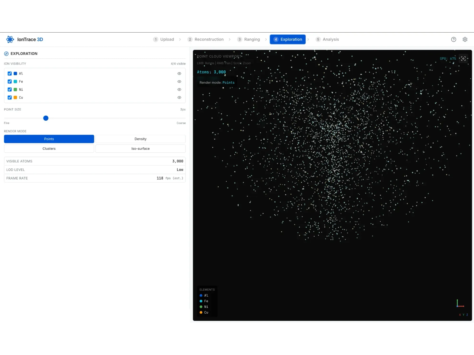 IonTrace, a tool I built for exploring atom probe tomography datasets, showing a 3D point cloud of ions in its Exploration view