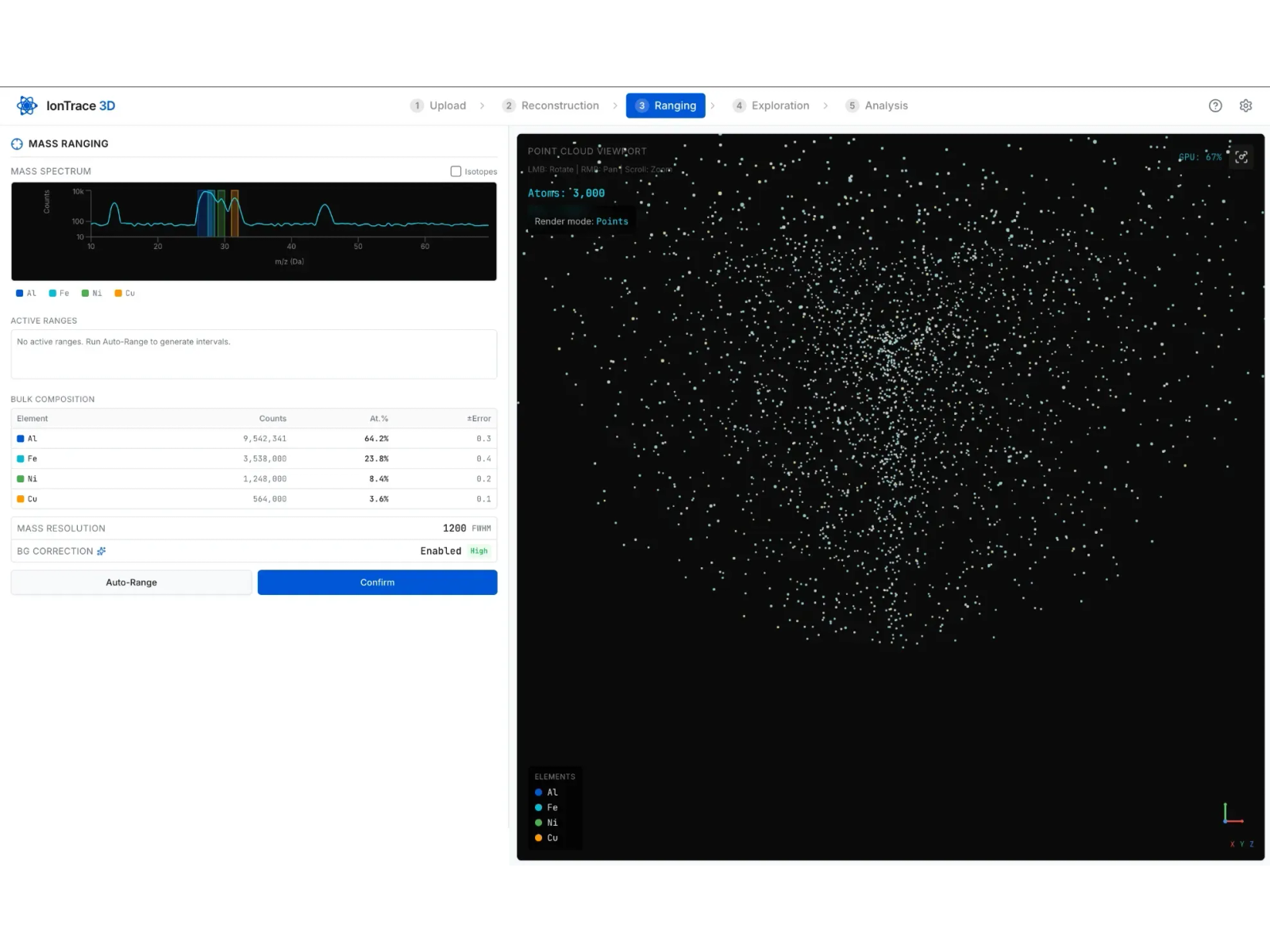 IonTrace's Ranging step with a mass spectrum, colored ranges for Al, Fe, Ni and Cu, and a bulk composition table