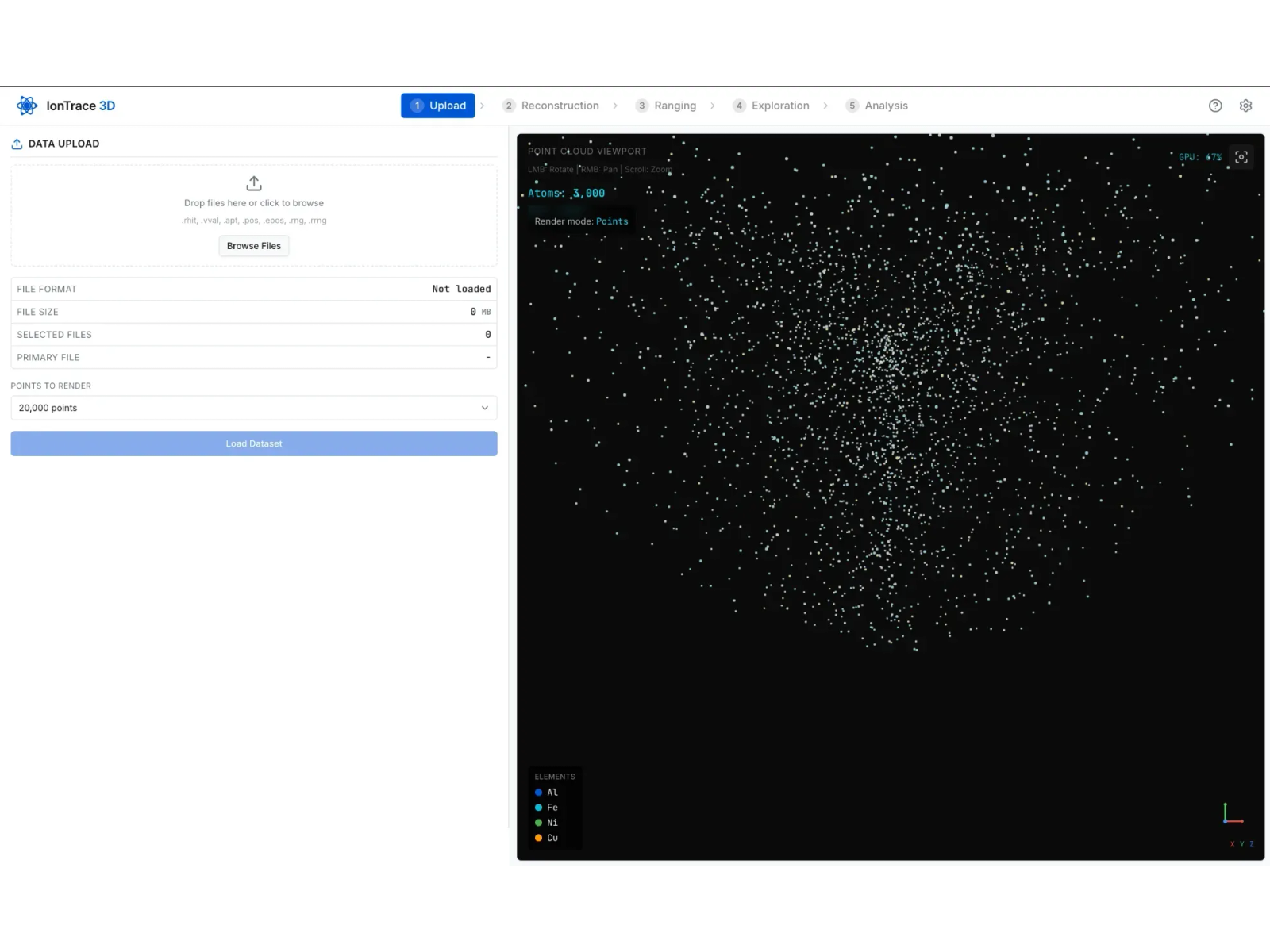 IonTrace's Upload step with a file drop area listing the supported formats and a points-to-render setting