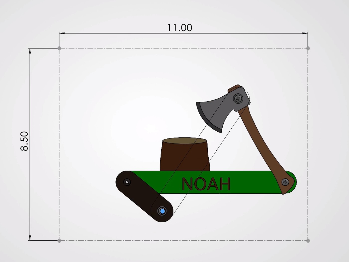 SolidWorks render of the axe linkage with the axe raised above a stump on a green base engraved NOAH, inside a dashed 11 by 8.5 inch boundary
