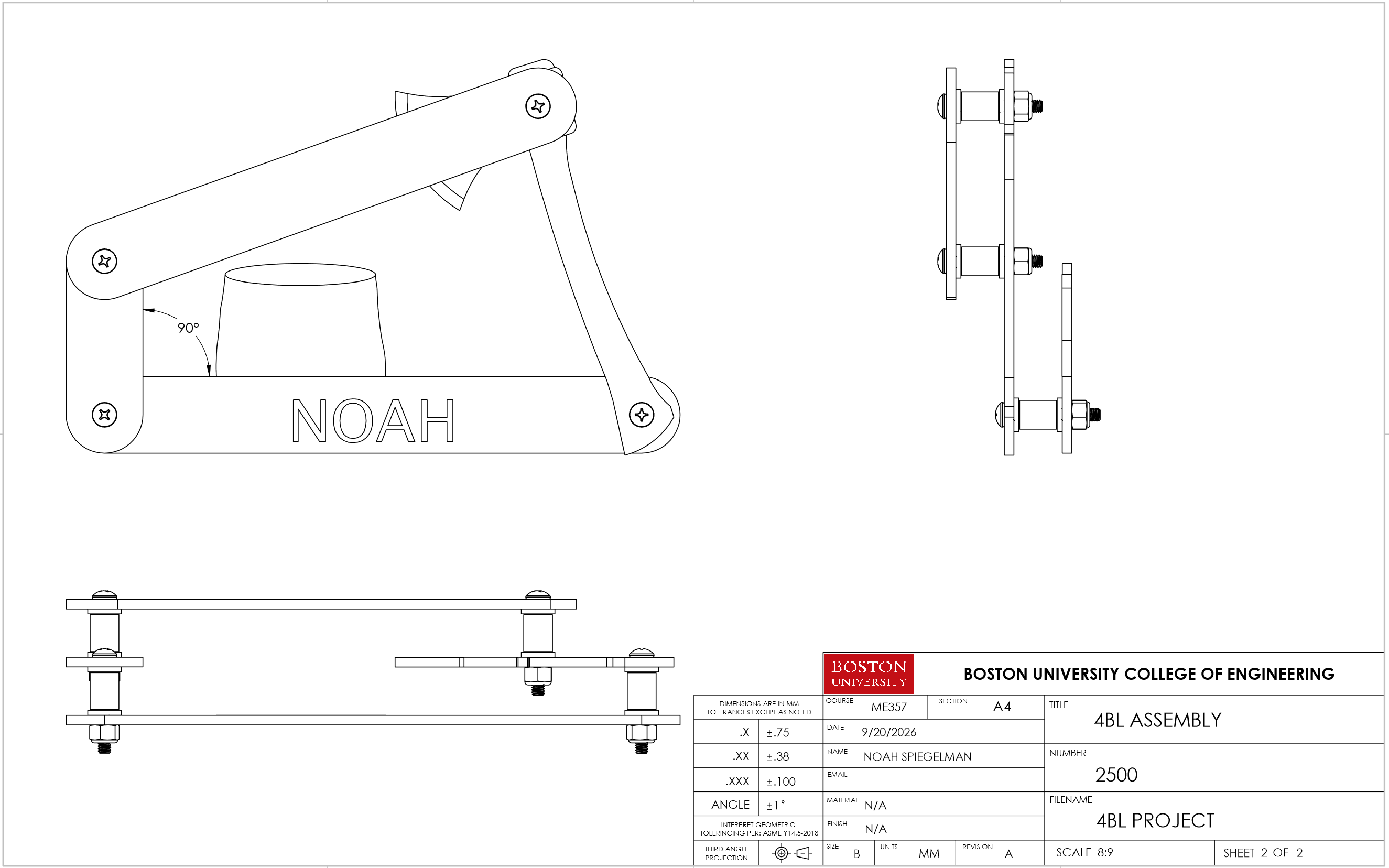 Assembly drawing sheet: a front view of the linkage with a 90 degree angle marked between the crank and the base, a side view and a bottom view, with a Boston University title block