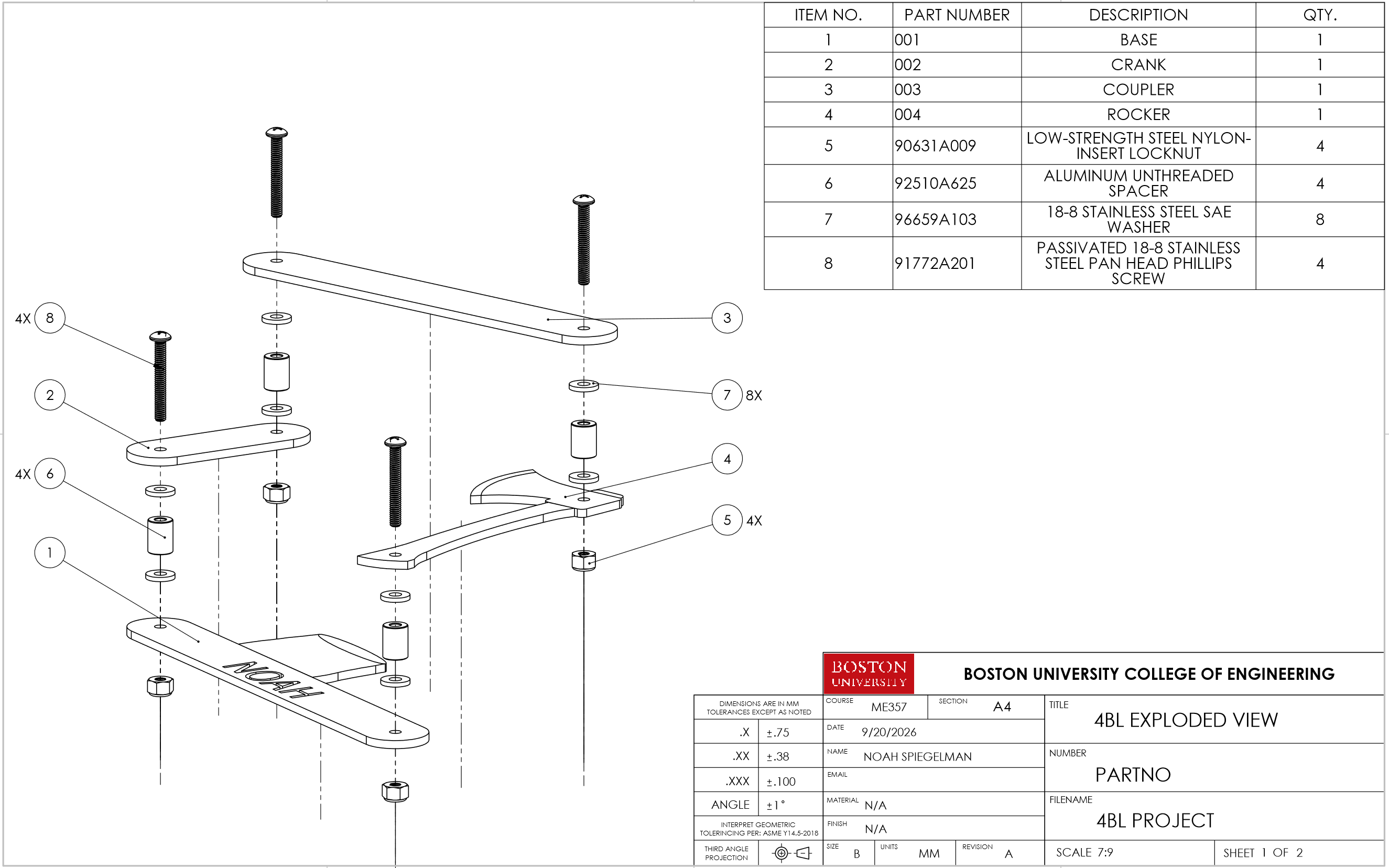 Exploded view drawing sheet: an isometric exploded view of the base, crank, coupler, rocker and the screws, spacers, washers and locknuts, with a bill of materials and a Boston University title block
