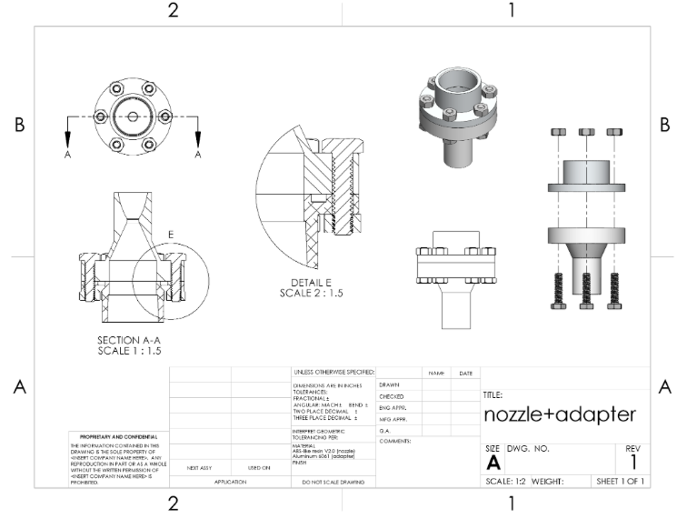 Engineering drawing of the nozzle and adapter assembly with a section view, a detail of the sealing region, an isometric view and an exploded view