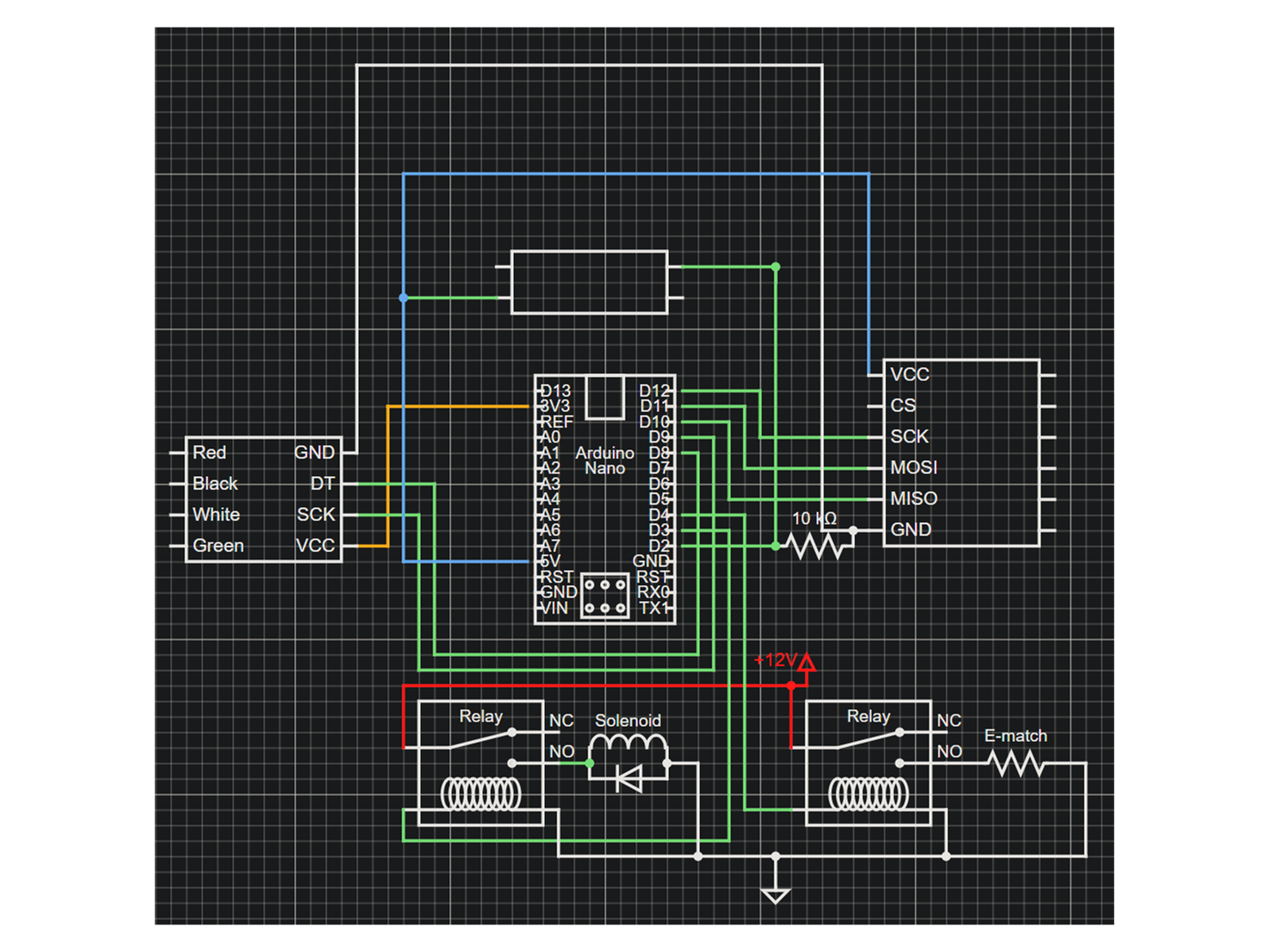 Circuit schematic of the hot-fire electronics: Arduino Uno, load cell amplifier, SD card board, relays, solenoid and e-match