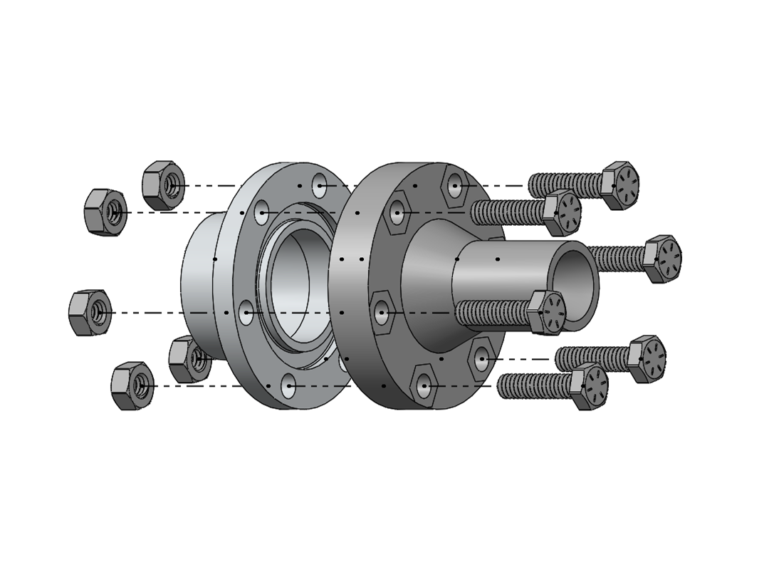 Exploded CAD view of the nozzle and adapter with six bolts and nuts