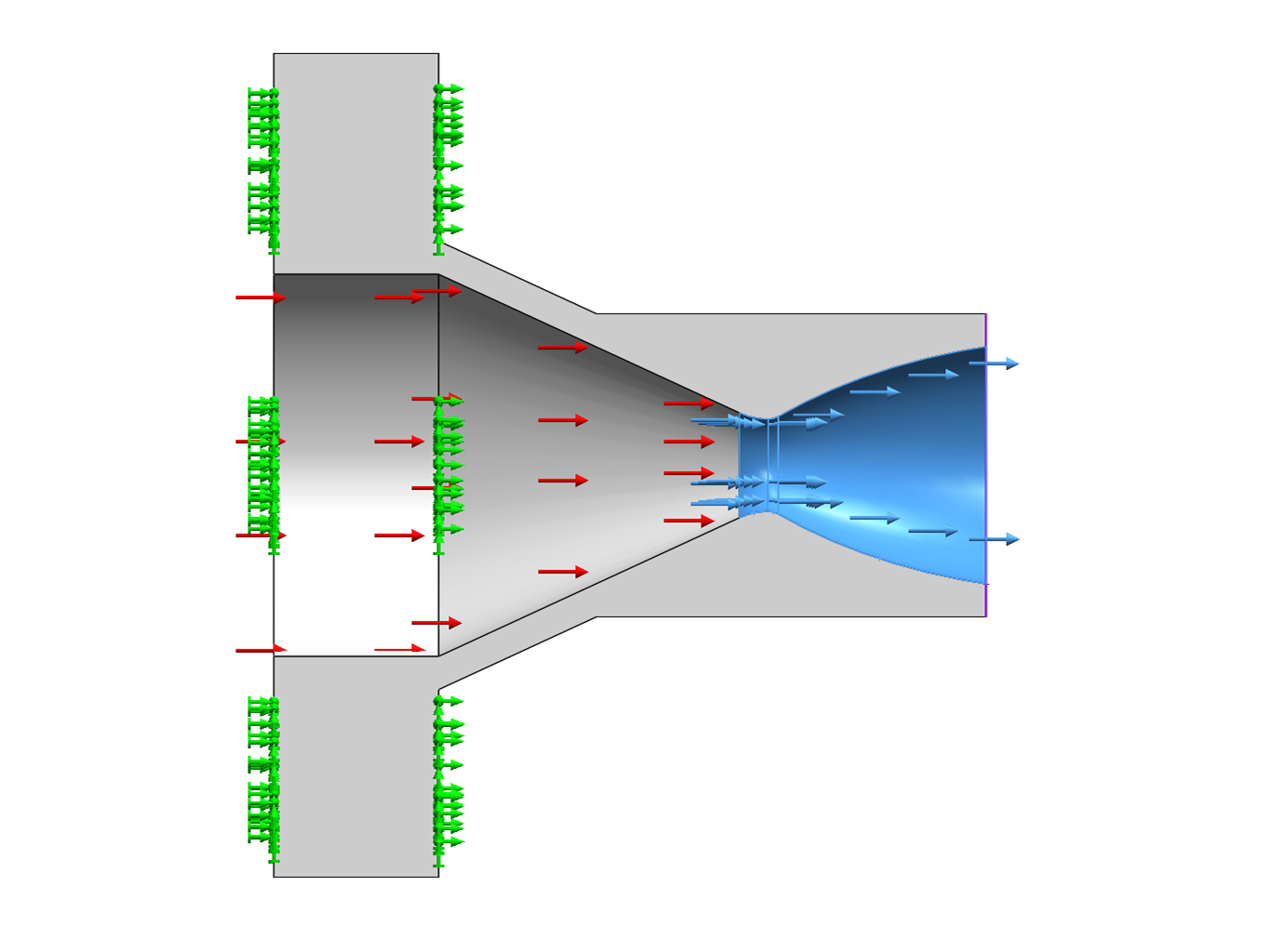 Section view of the nozzle showing pressure loads as red arrows and fixed bolt-hole faces in green