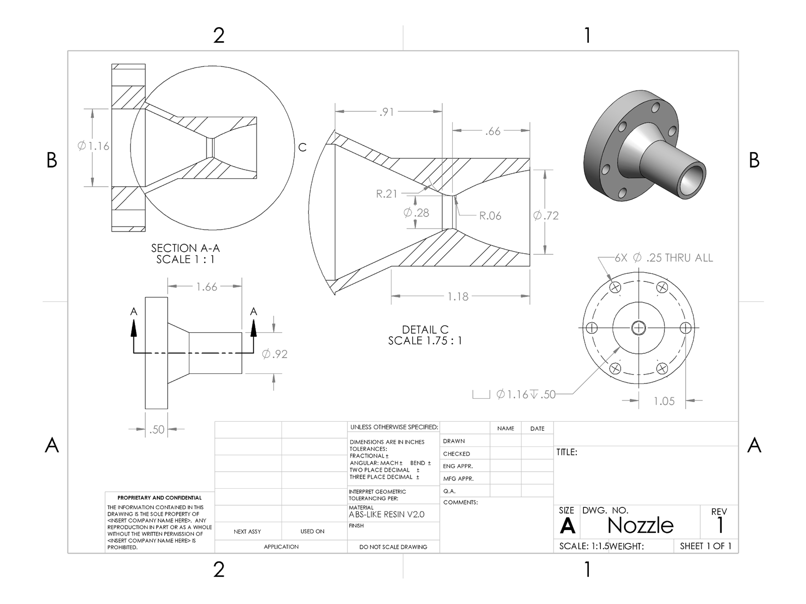 Engineering drawing of the nozzle with a section view, detail views and critical dimensions