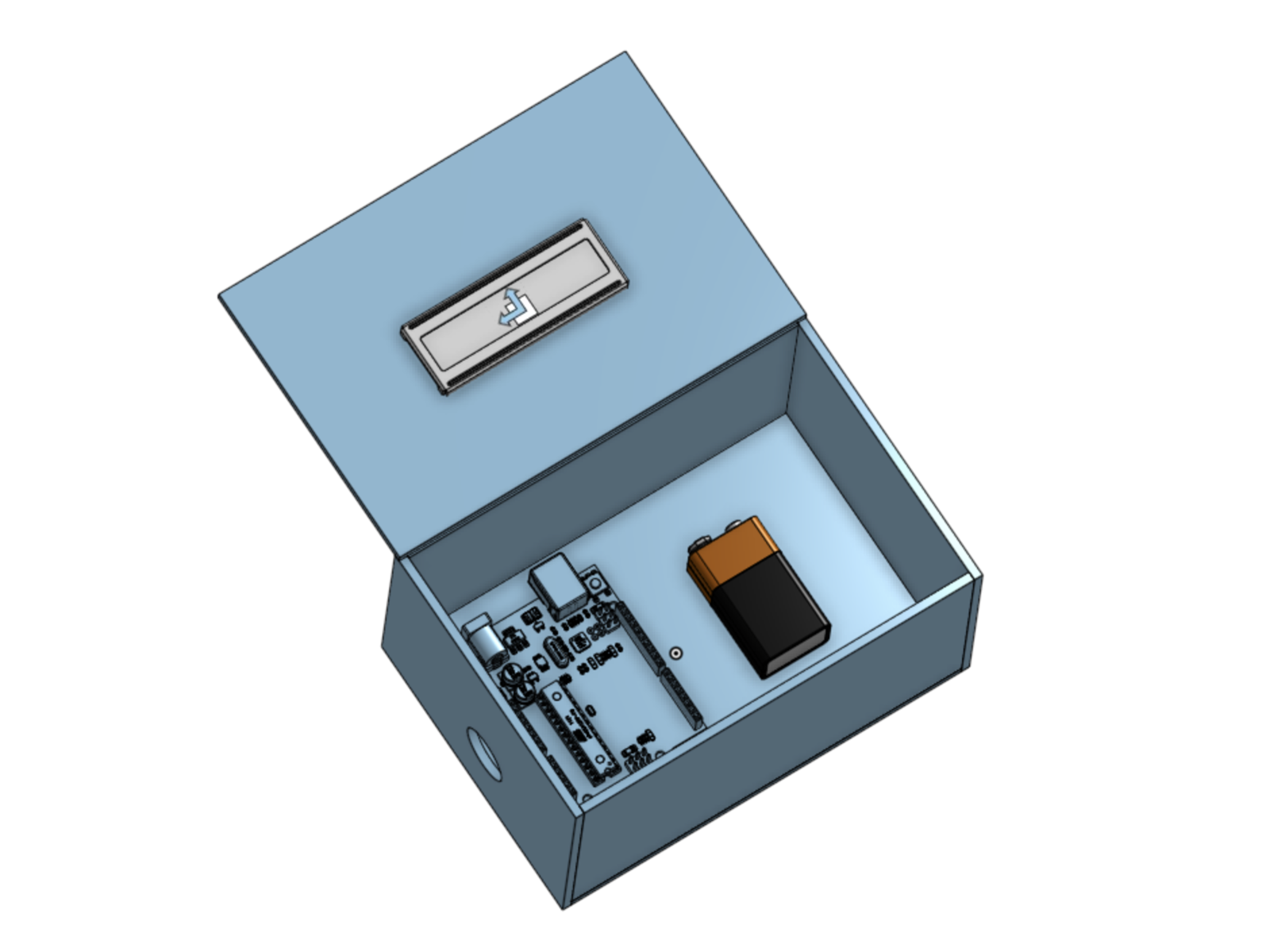 CAD render of the receiver housing with its lid open, showing the Arduino, wiring and a 9 V battery inside