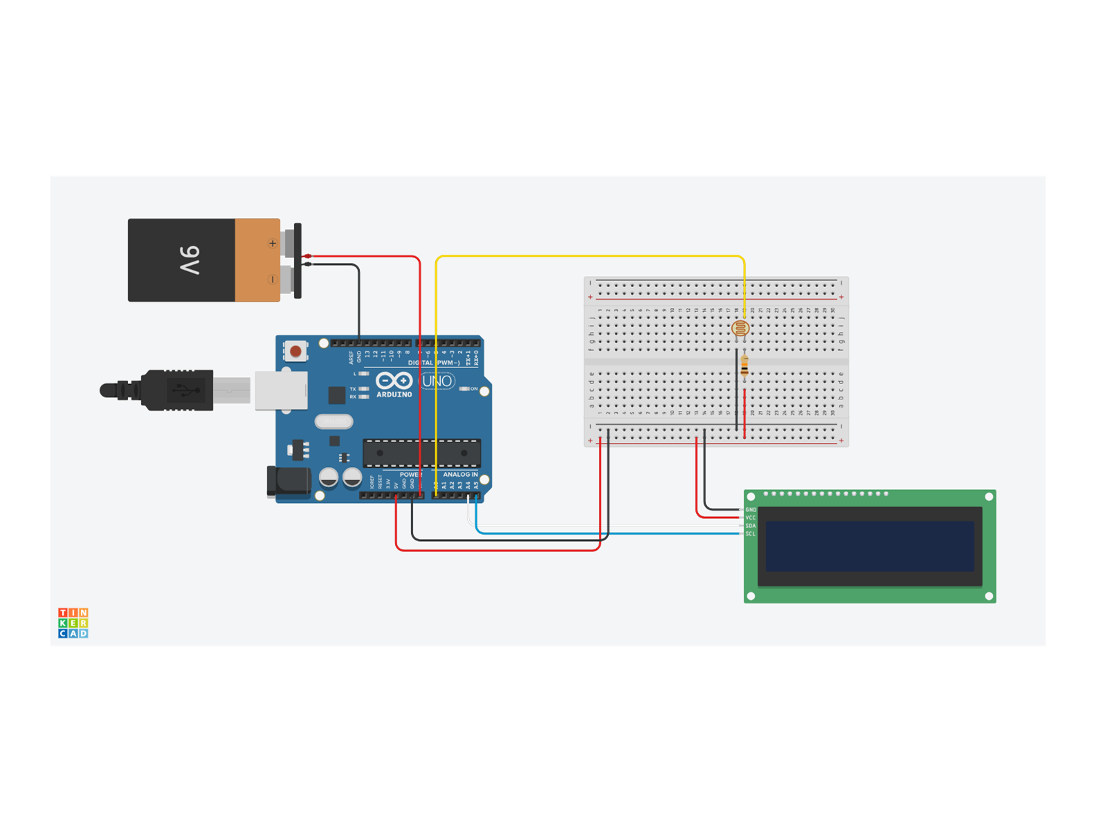 Tinkercad wiring diagram of the receiver: Arduino Uno, breadboard, 9 V battery and a 16 by 2 LCD