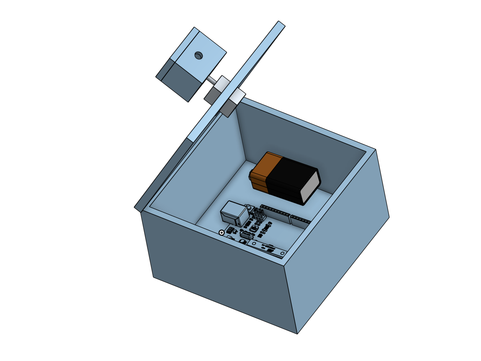 CAD render of the transmitter housing with its lid open, showing the battery and electronics and the servo-mounted laser on the lid