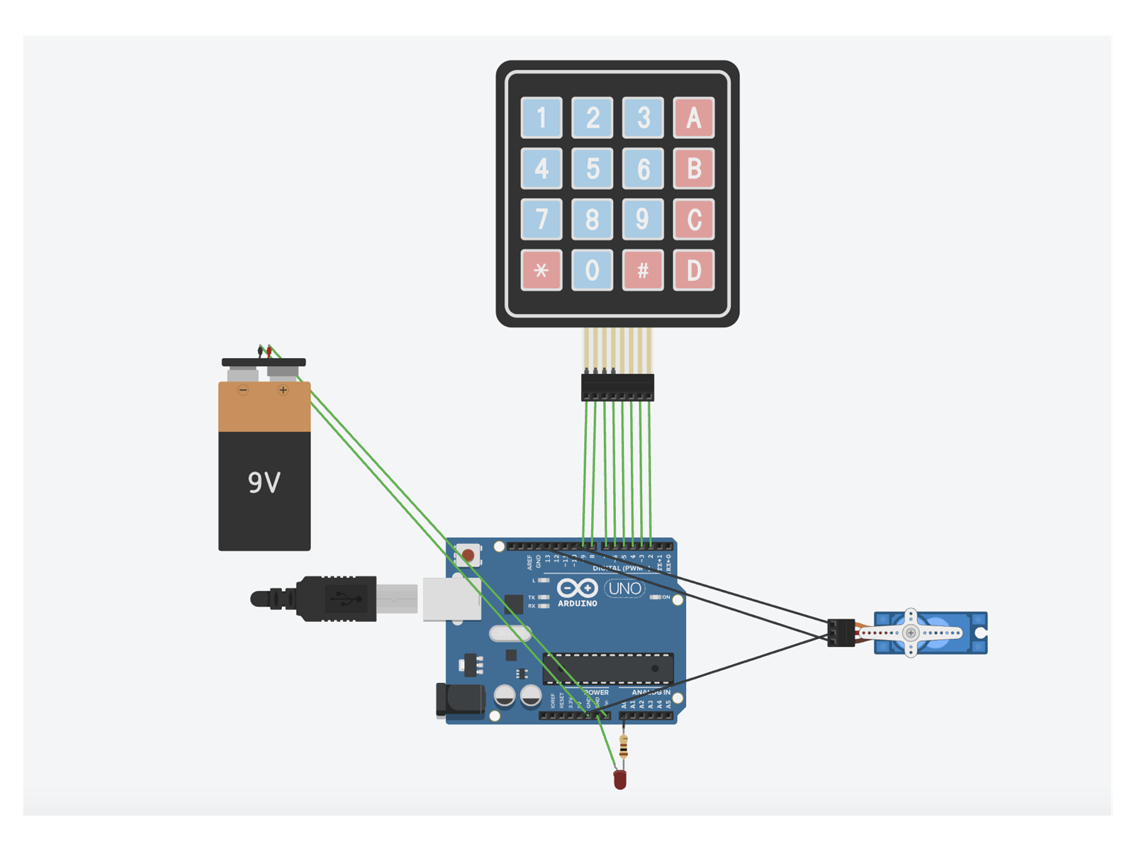 Tinkercad wiring diagram of the transmitter: a 4 by 4 keypad, Arduino Uno, 9 V battery and servo