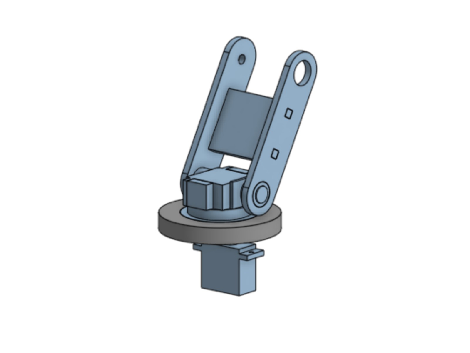 CAD render of the 4-DOF robotic camera mount: a two-link arm on a servo turret, angled upward