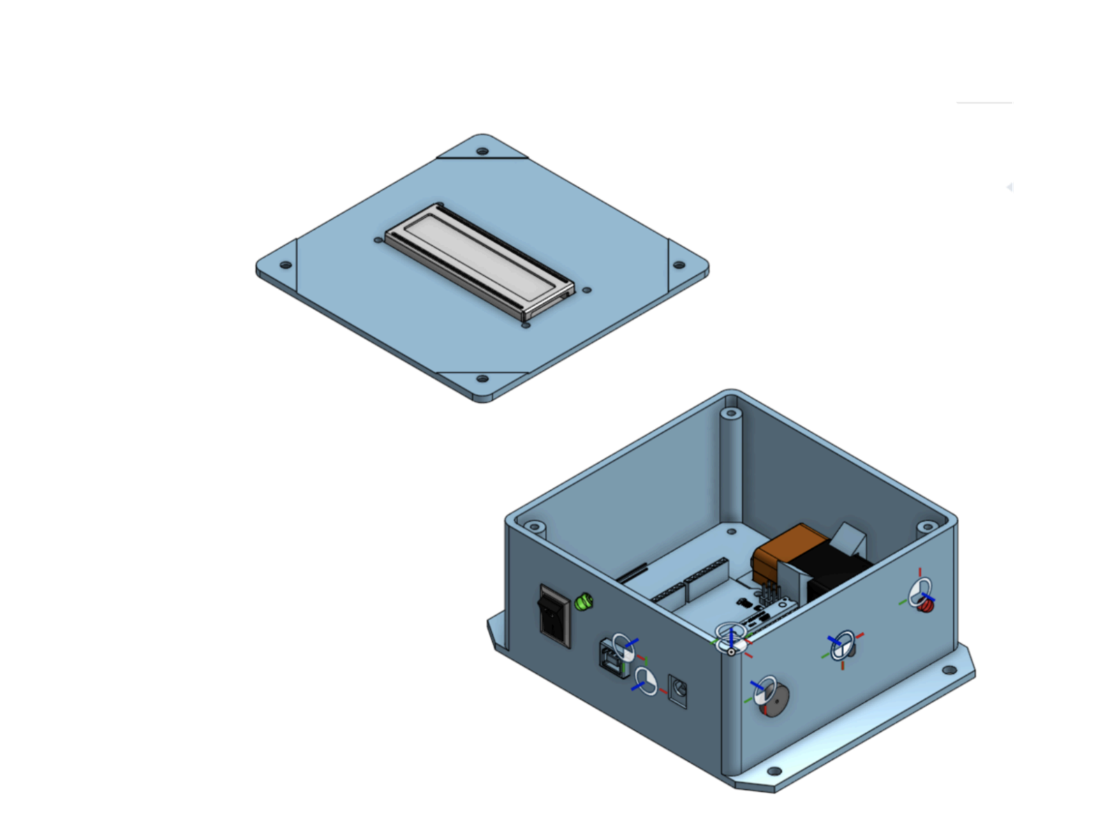 CAD render with the lid lifted off the enclosure to show the components inside