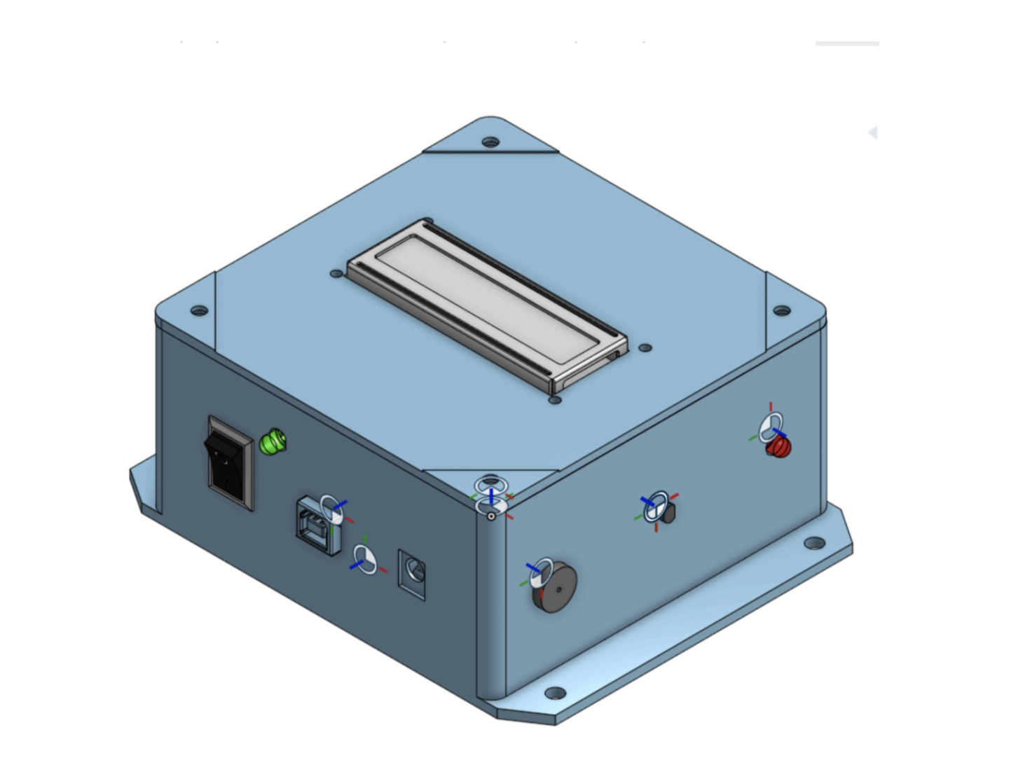 CAD render of the closed enclosure with the LCD on top and the power switch, LEDs, buzzer and connectors on the sides