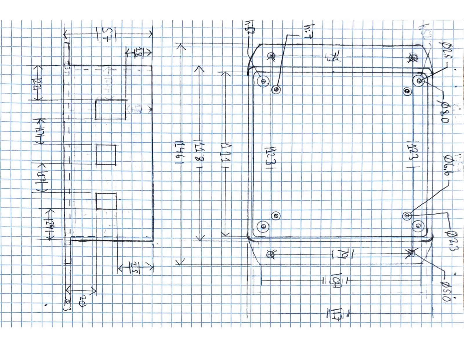 Hand-drawn dimensioned sketch of the enclosure on graph paper, with measurements for the mounting holes and cut-outs