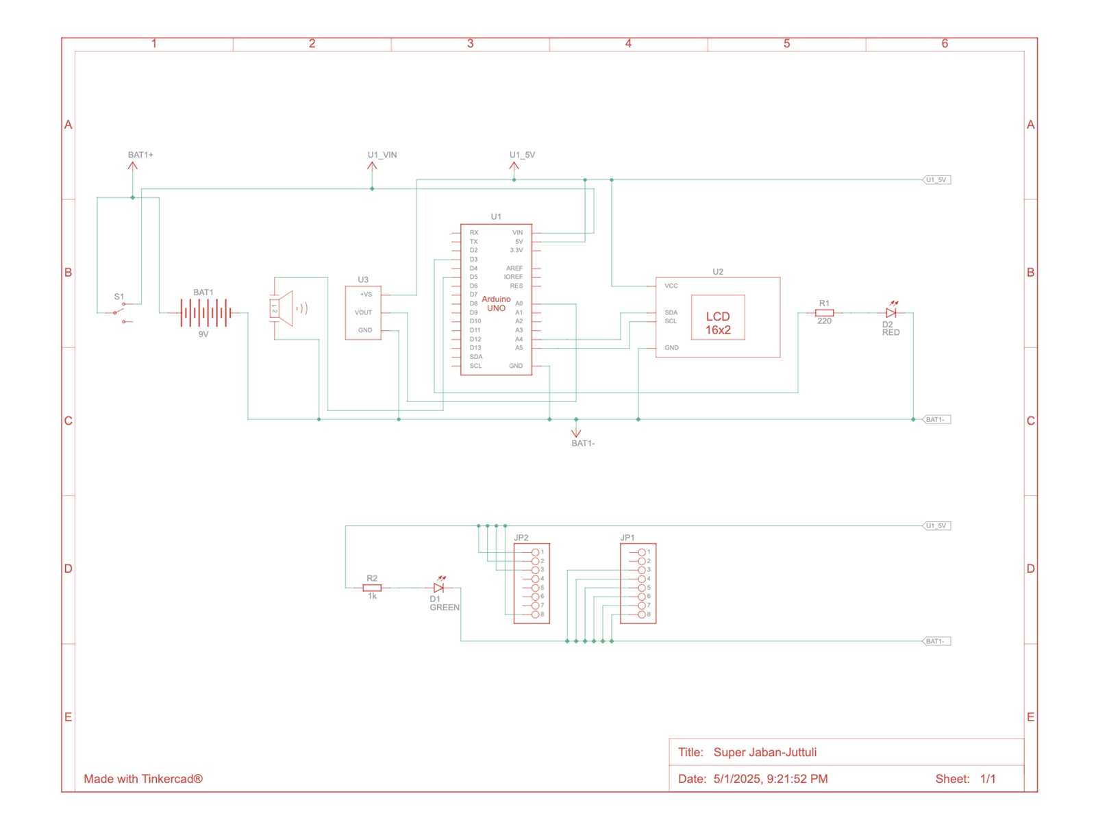 Circuit schematic of the monitor: Arduino Uno, TMP36 sensor, LCD, LEDs, buzzer, switch and 9 V battery