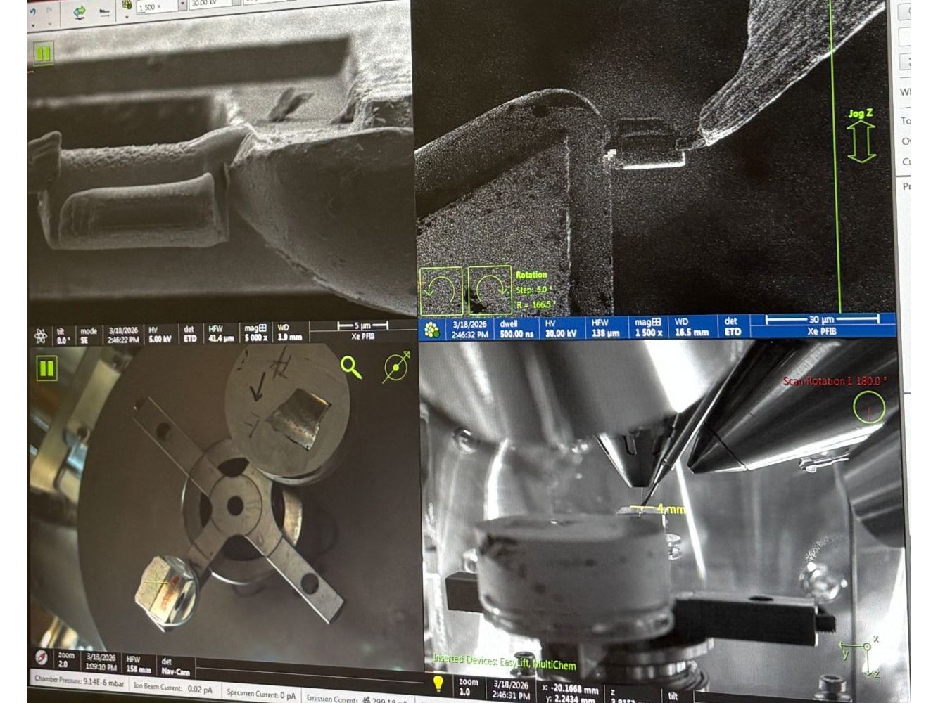Four-panel FIB-SEM control view showing electron and ion beam images, the chamber camera, and the EasyLift micromanipulator needle near a specimen